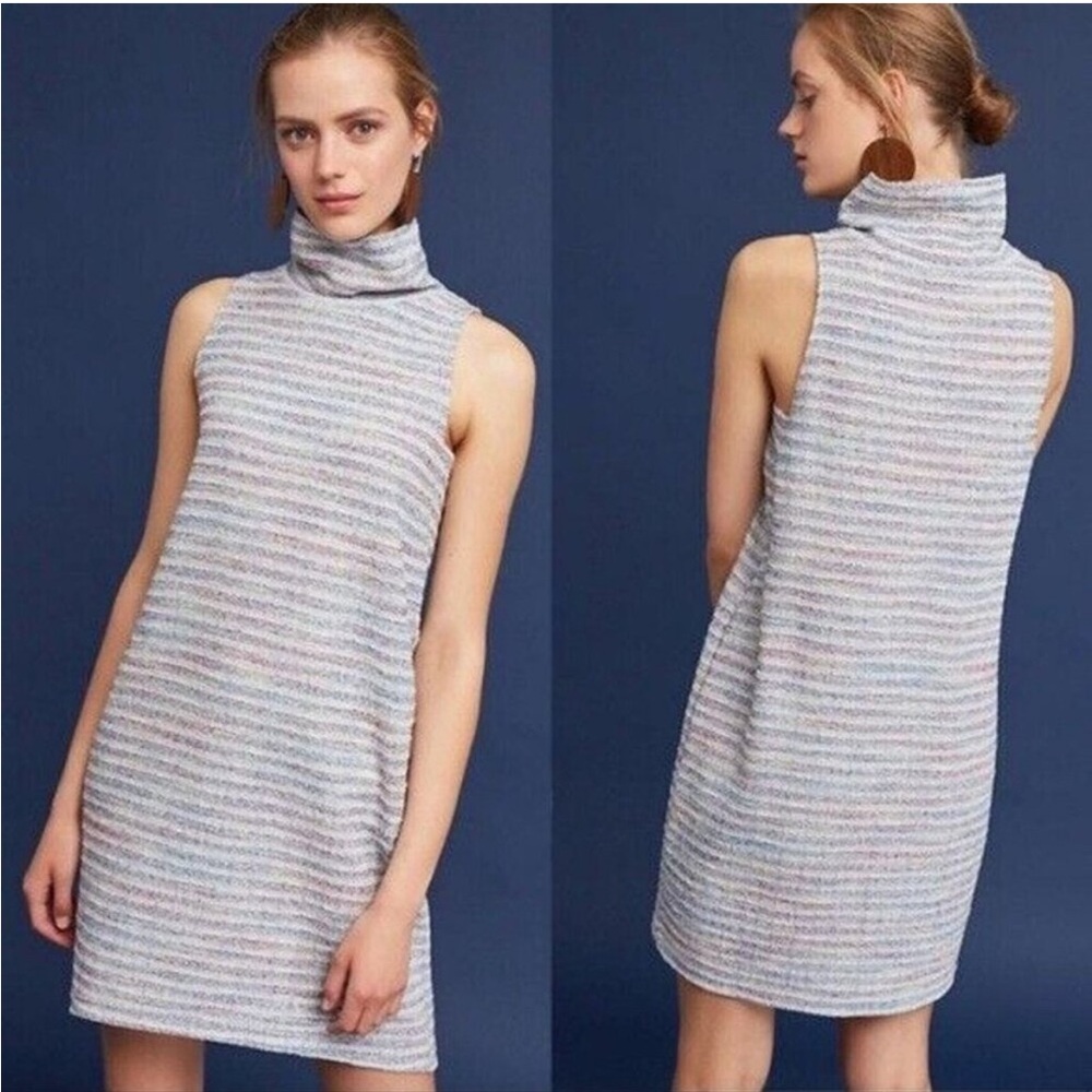 Anthropologie Akemi + Kin Tweed Mock Neck Dress Blue Multicolor Stripes, Size S